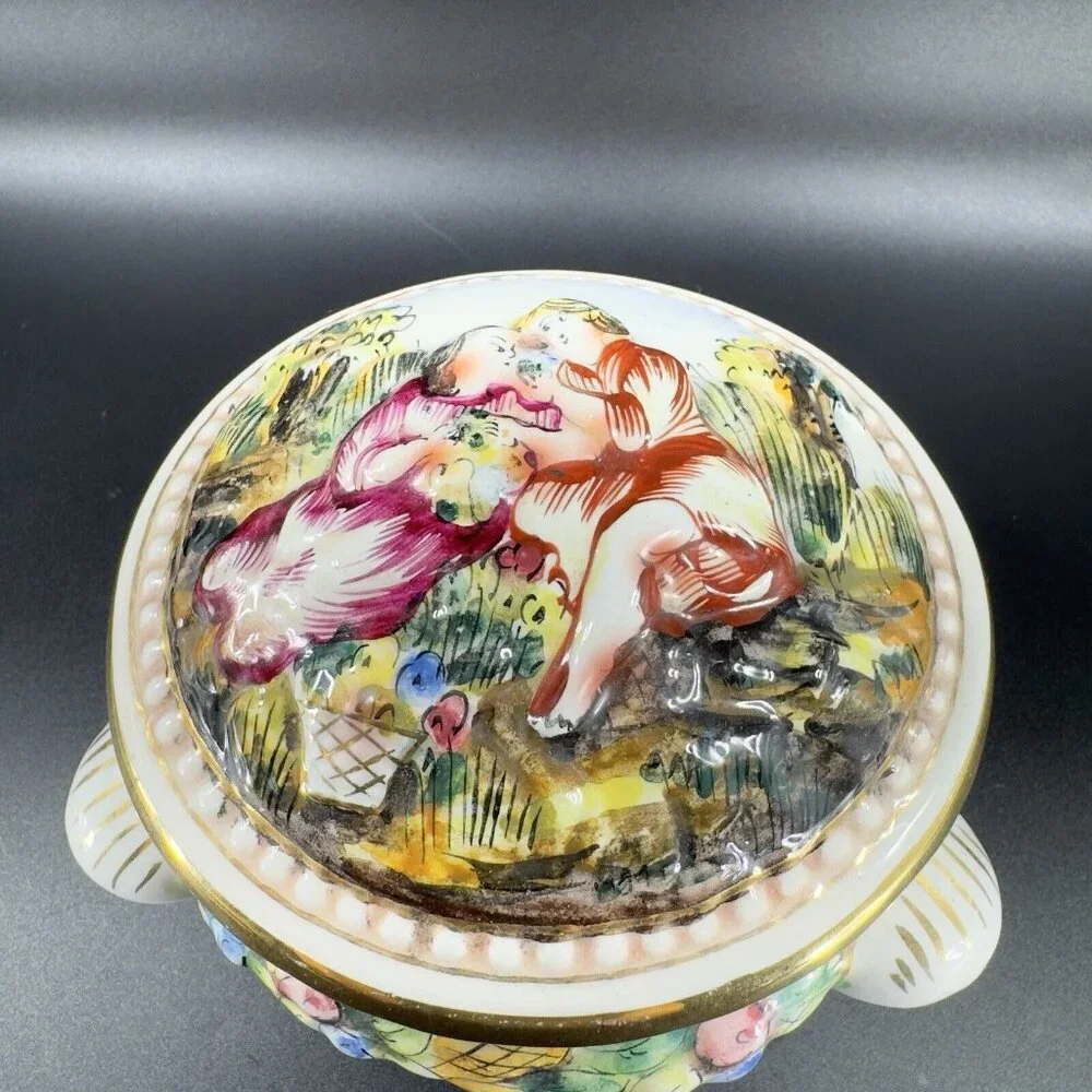 Vintage Capodimonte Italian Pottery Covered Dish Covered Bowl Dish Painted Italy